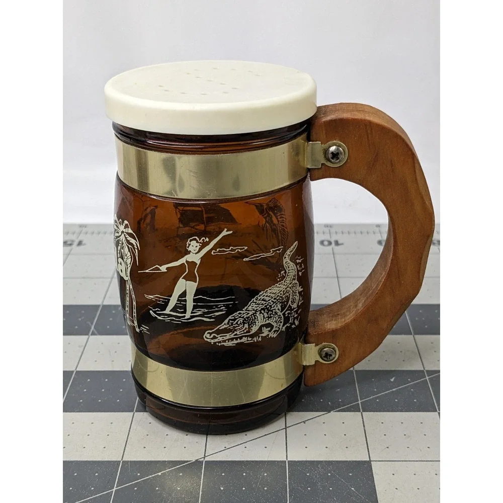 Florida Souvenir Salt Pepper Shaker Glass Mug Stein‎ Wood Handle 4.25 Inch Tall
